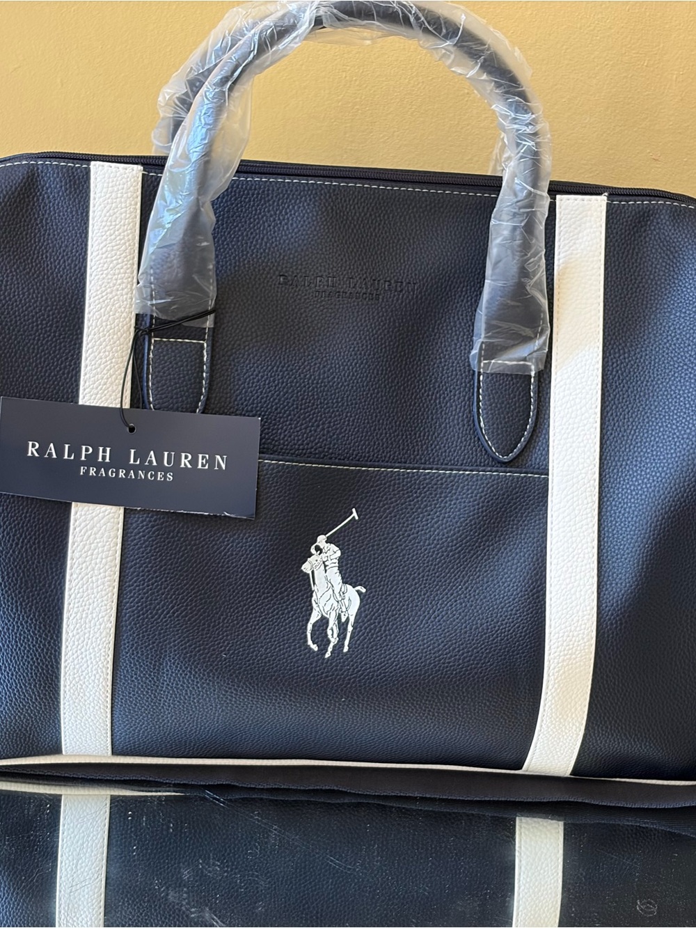 Ralph Lauren navy with white trim faux leather travel weekend duffel bag - Picture 8 of 11